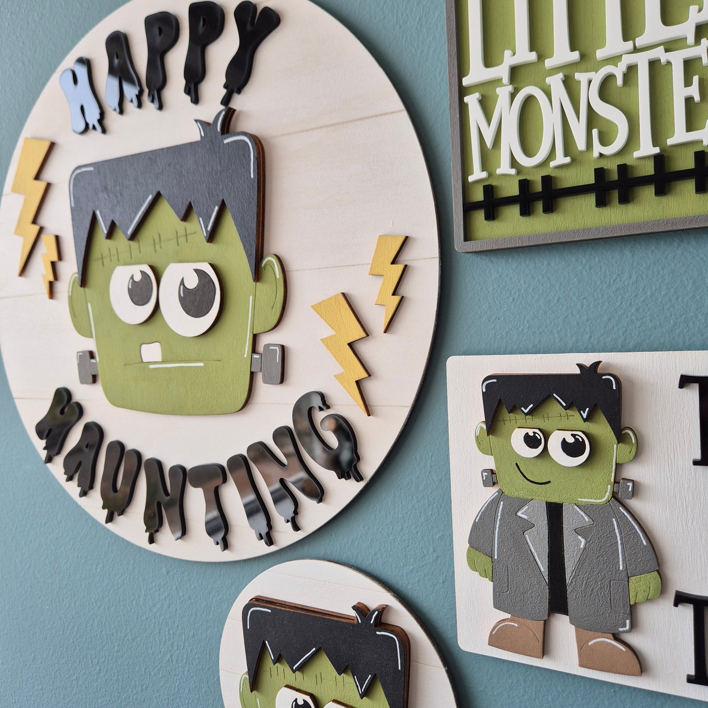 Frankenstein Happy Haunting Round Door Sign | Hand-painted Wall Sign