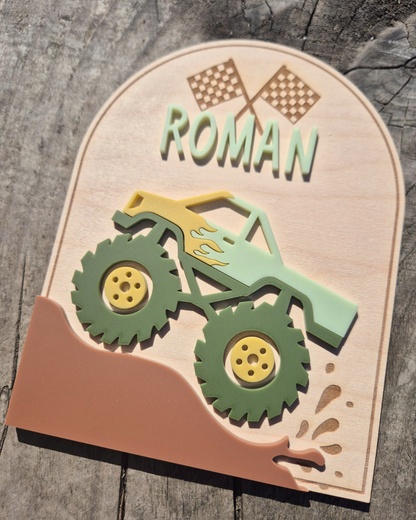 Monster Truck Birth Announcement - Wooden and Acrylic Personalised Name Sign