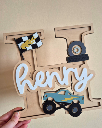 Monster Truck Monogram - Personalised Wooden and Acrylic Name Sign