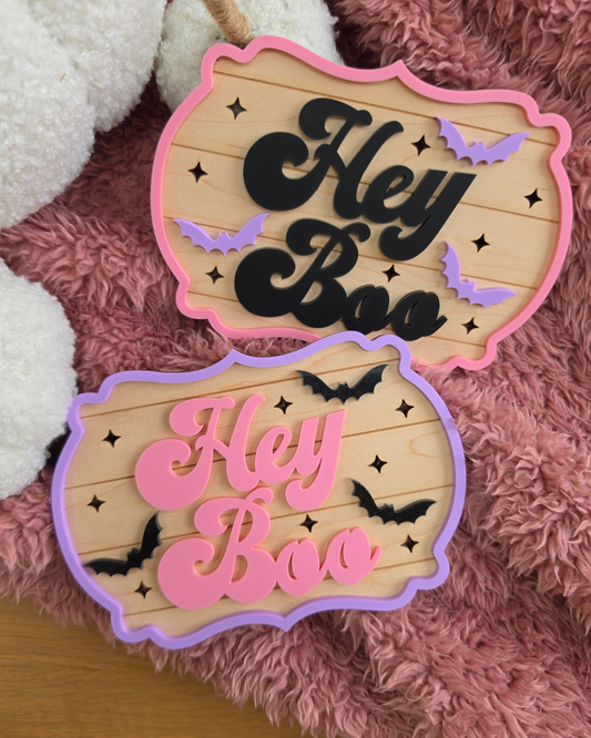 Hey Boo Retro Sign - Wooden and Acrylic Halloween Decor