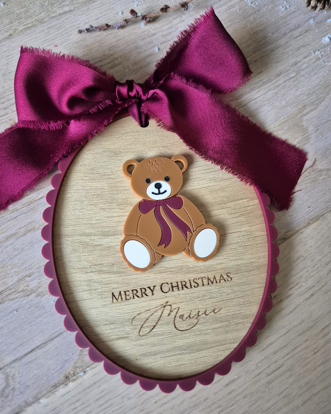 Personalised Baby’s First Christmas Vintage Teddy Bear Plaque - Acrylic and Oak Christmas Ornament