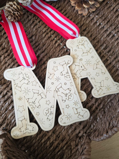 Monogram Gingerbread Patterned Wooden Stocking Tag - Initial Present Label