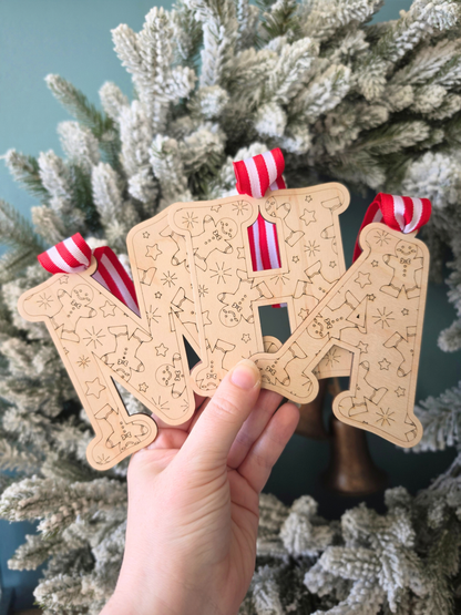 Monogram Gingerbread Patterned Wooden Stocking Tag - Initial Present Label