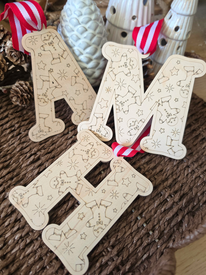 Monogram Gingerbread Patterned Wooden Stocking Tag - Initial Present Label