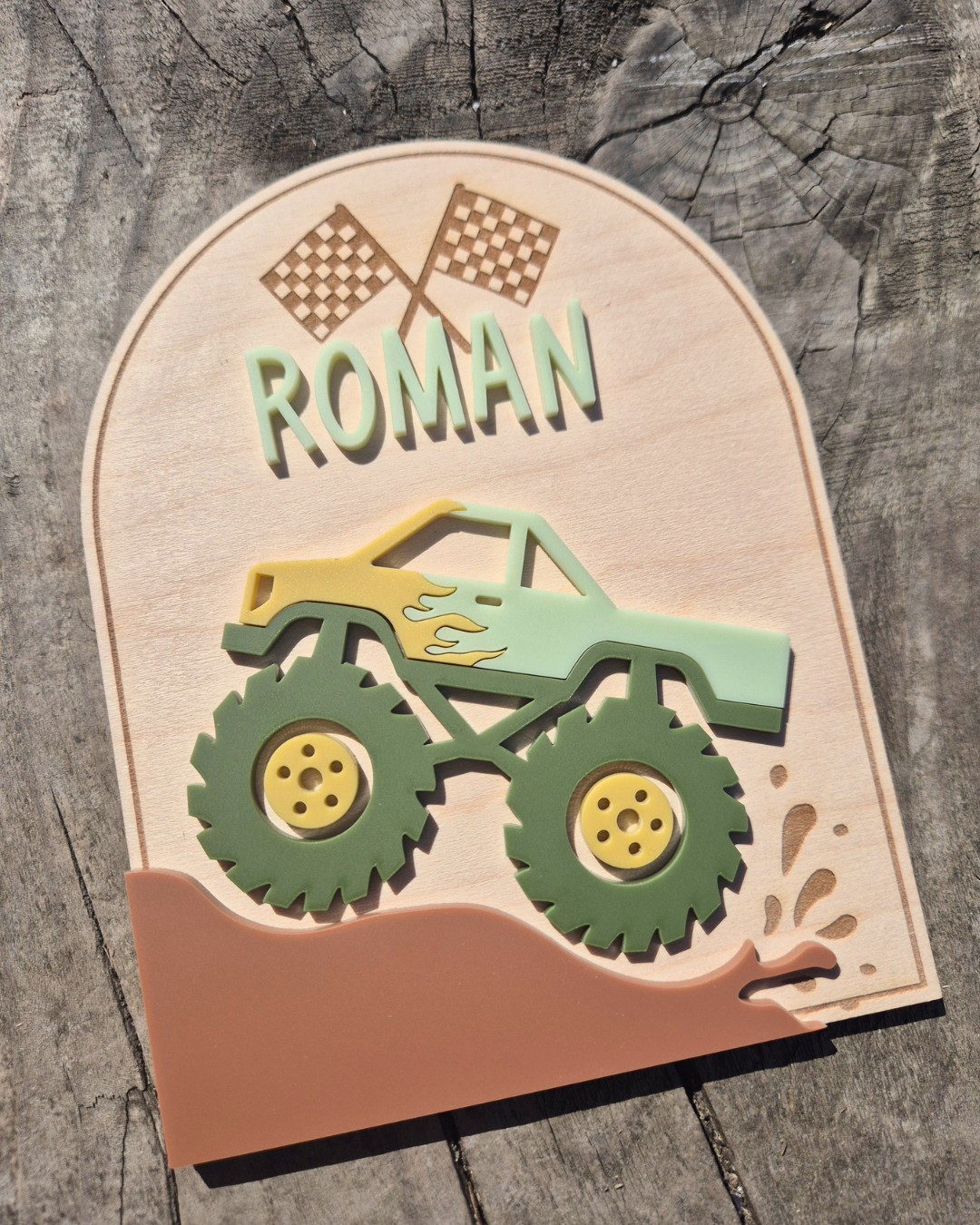 Monster Truck Birth Announcement - Wooden and Acrylic Personalised Name Sign