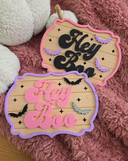 Hey Boo Retro Sign - Wooden and Acrylic Halloween Decor
