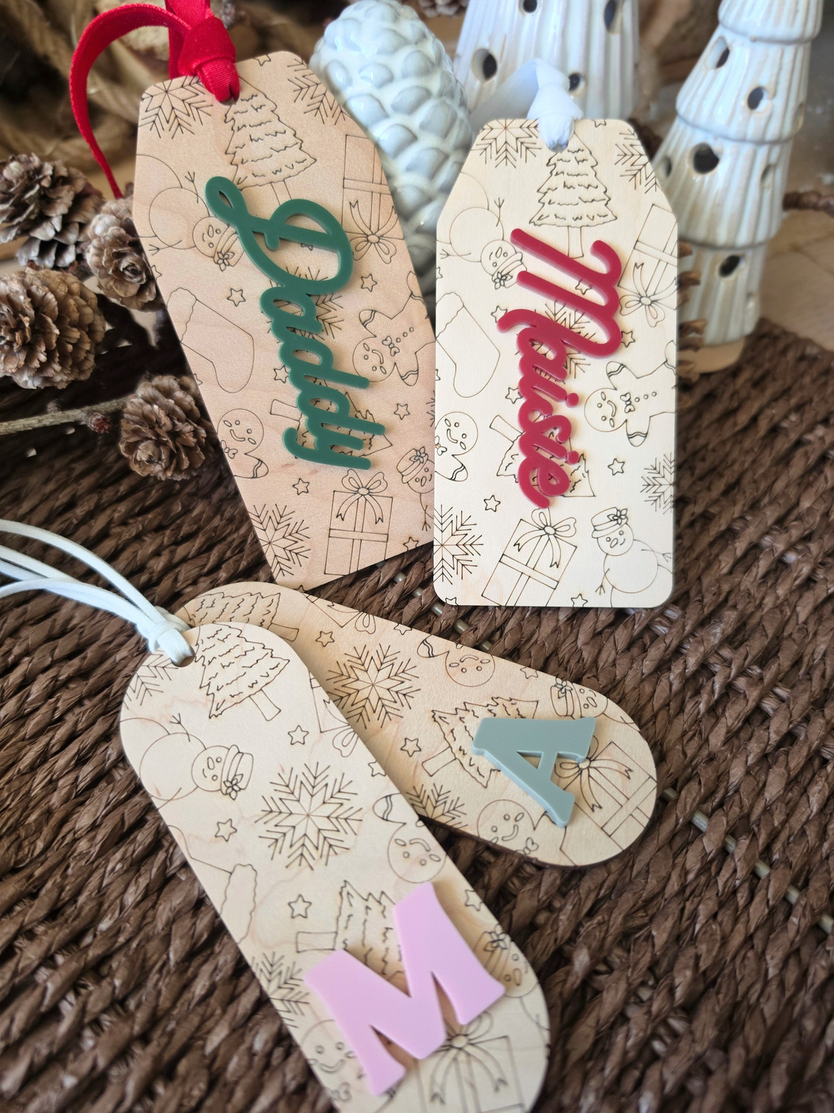 Set of 2 Monogram Patterned Gift Tags - Personalised Christmas Present Labels