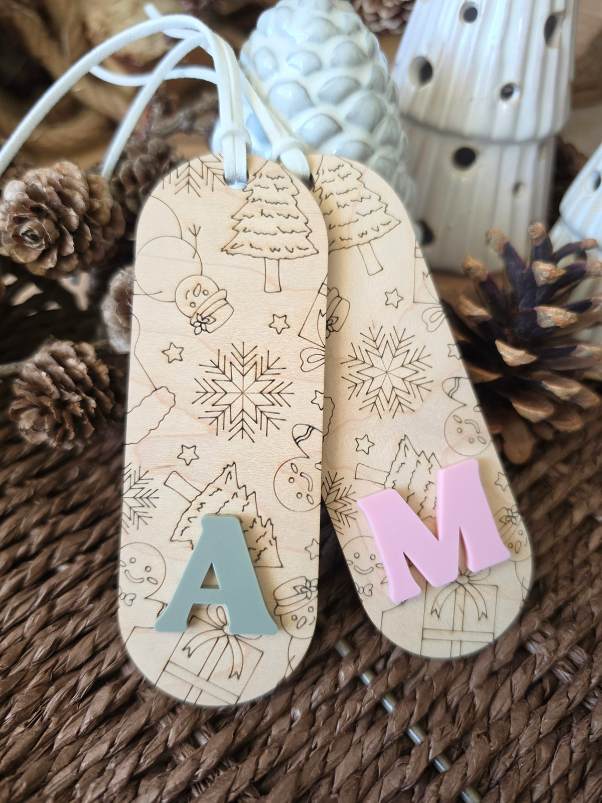 Set of 2 Monogram Patterned Gift Tags - Personalised Christmas Present Labels
