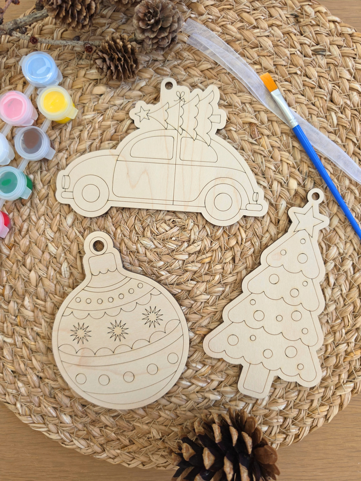 Paint Your Own Christmas Ornament Kit - Kids Painting Kit, Set of 2 Shapes with Paint, Brush and Ribbon