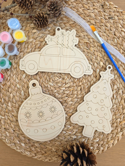 Paint Your Own Christmas Ornament Kit - Kids Painting Kit, Set of 2 Shapes with Paint, Brush and Ribbon