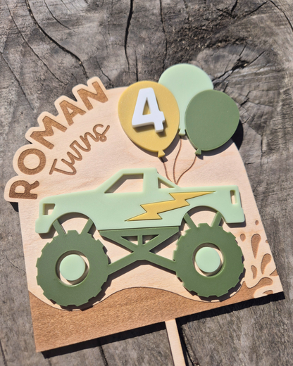 Monster Truck Cake Topper - Wooden and Acrylic Personalised Birthday Decoration