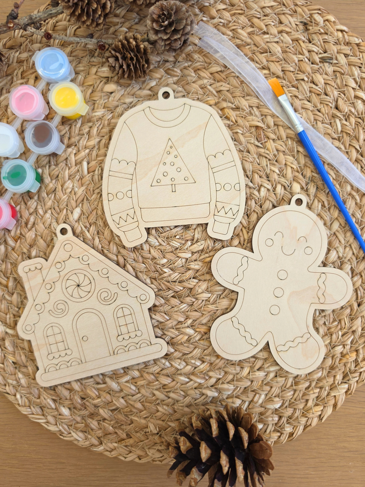 Paint Your Own Christmas Ornament Kit - Kids Painting Kit, Set of 2 Shapes with Paint, Brush and Ribbon