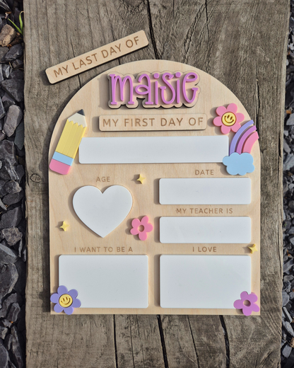 Personalised Pastel Rainbow Back to School Board - Reusable Wooden and Acrylic Sign