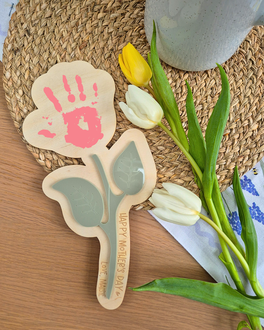 First Mother's Day Baby Handprint Keepsake - Personalised Wooden and Acrylic Flower Stem Photo Prop