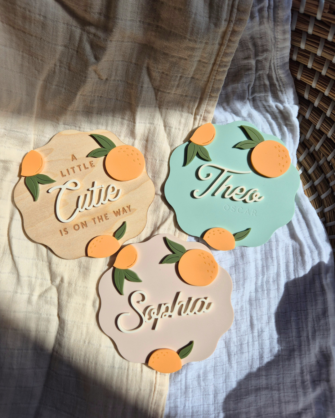 Orange Blossom Wavy Pregnancy Announcement and Birth Announcement Plaque