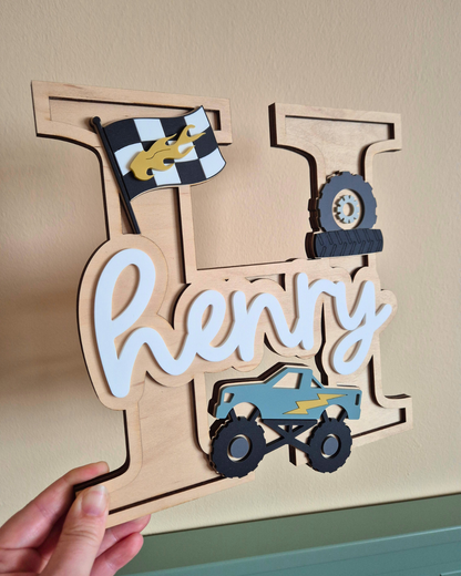Monster Truck Monogram - Personalised Wooden and Acrylic Name Sign
