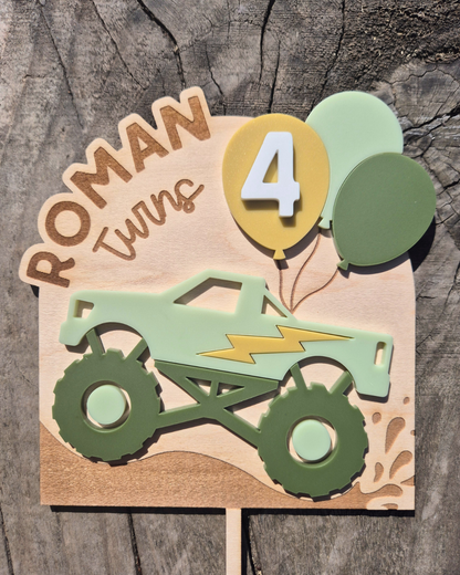 Monster Truck Cake Topper - Wooden and Acrylic Personalised Birthday Decoration