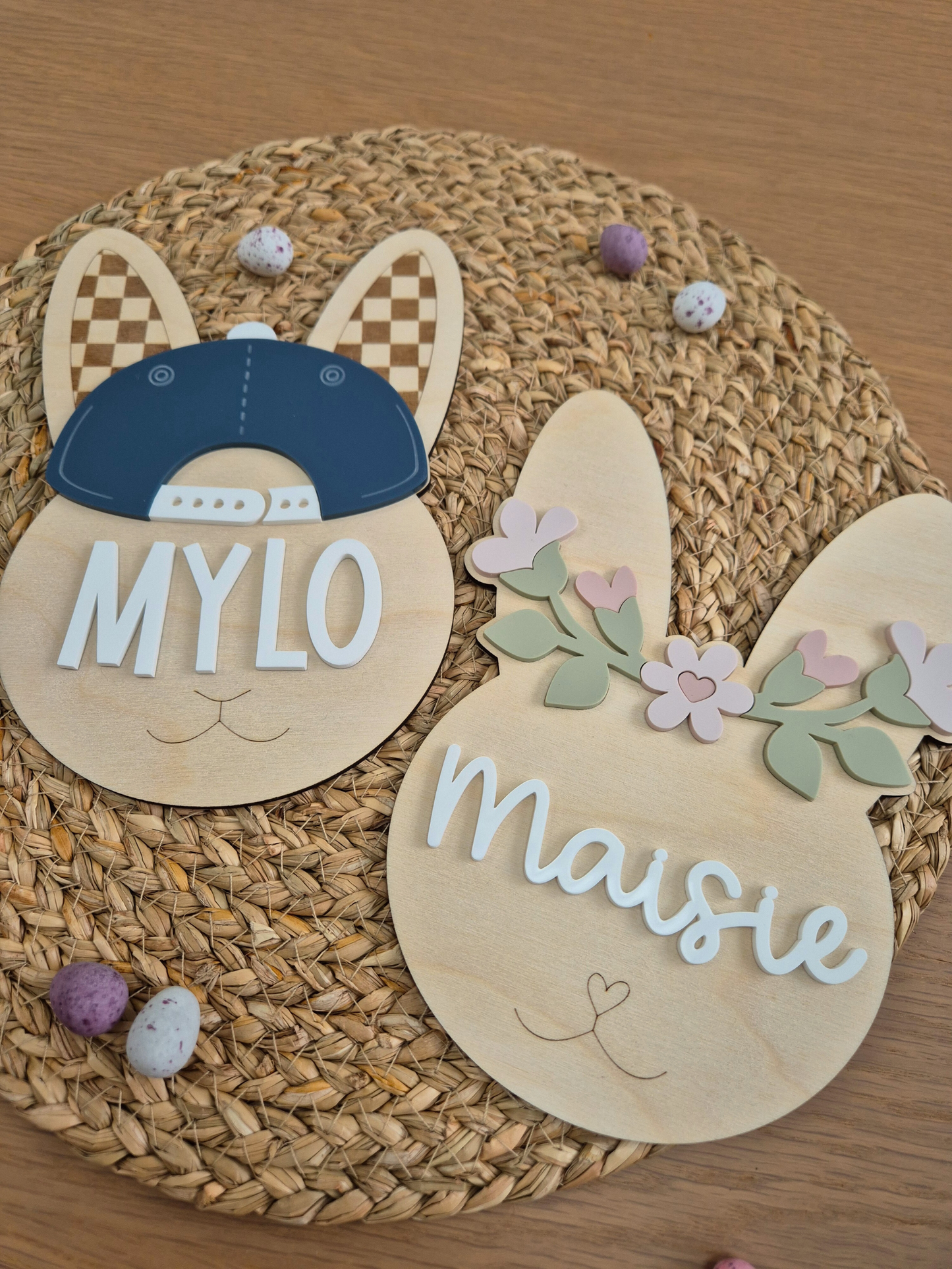 Flower Crown Bunny Large Name Sign - Wooden and Acrylic Wall Décor