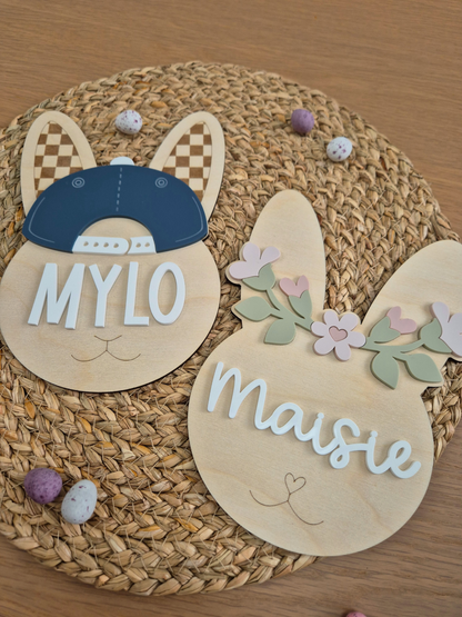 Flower Crown Bunny Large Name Sign - Wooden and Acrylic Wall Décor