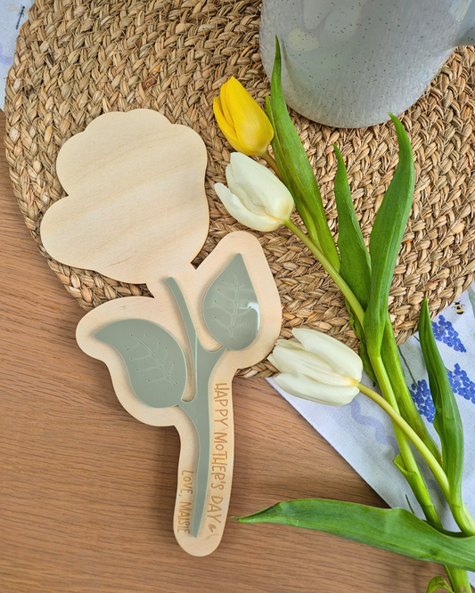 First Mother's Day Baby Handprint Keepsake - Personalised Wooden and Acrylic Flower Stem Photo Prop