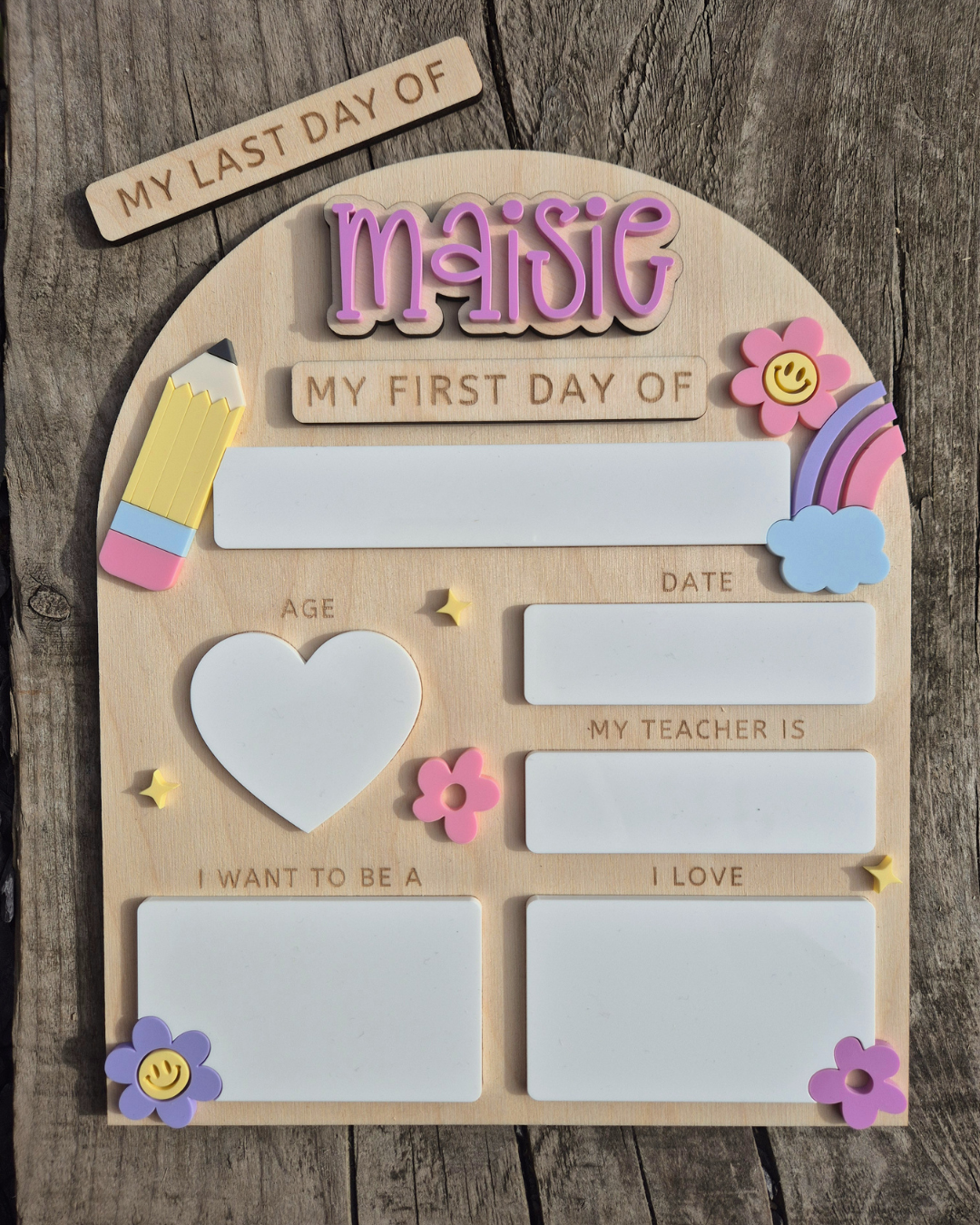 Personalised Pastel Rainbow Back to School Board - Reusable Wooden and Acrylic Sign