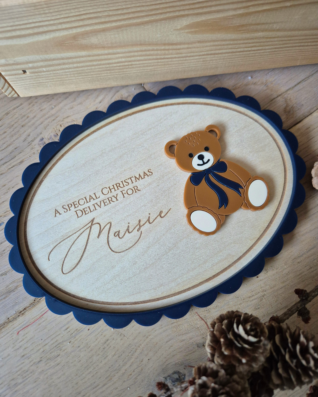 Vintage Teddy Bear Plaque and Crate Set - Wooden and Acrylic Christmas Delivery Sign