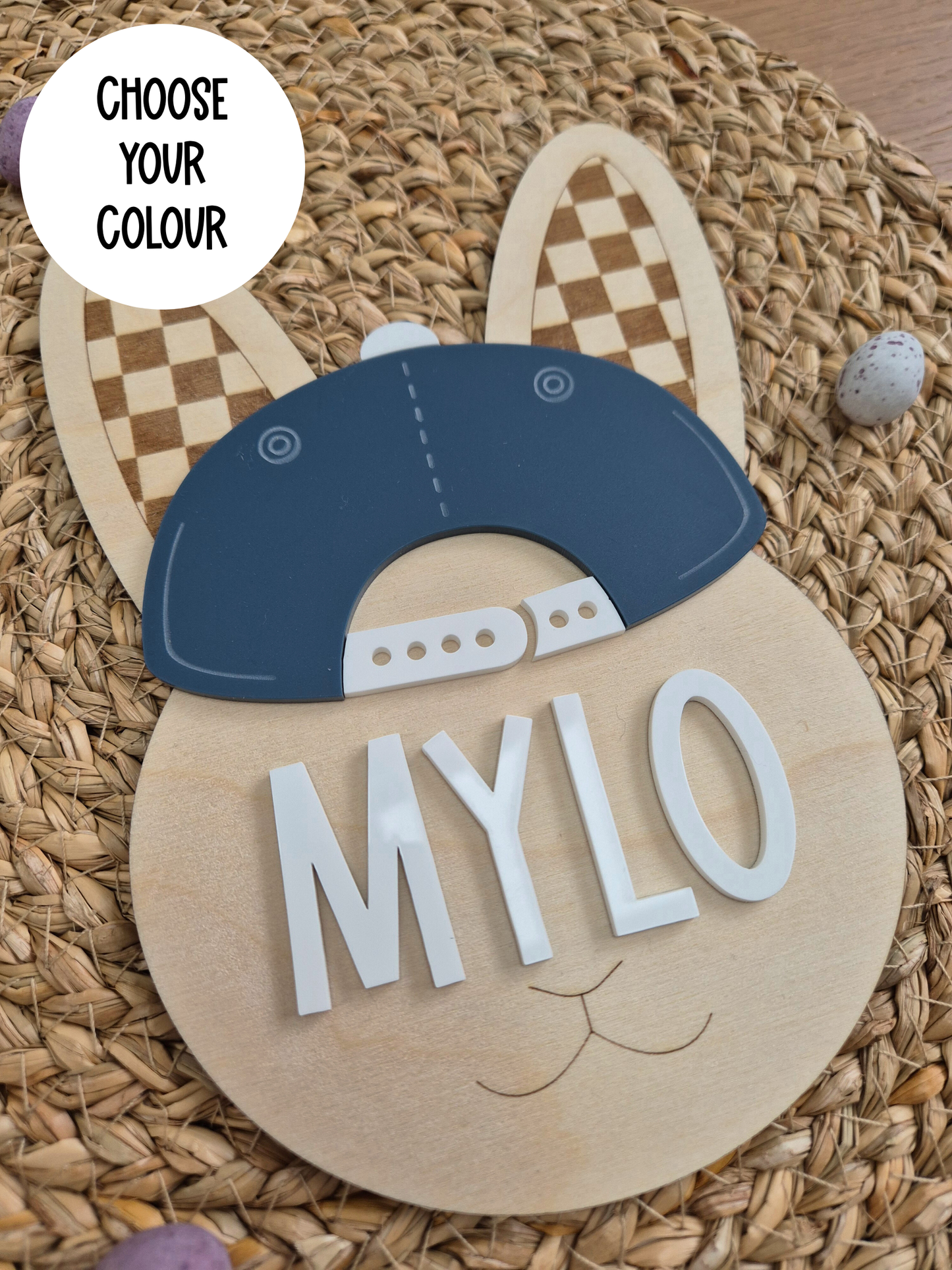 Cool Kid Bunny Large Name Sign - Checkerboard Wooden and Acrylic Wall Décor