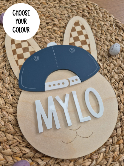 Cool Kid Bunny Large Name Sign - Checkerboard Wooden and Acrylic Wall Décor