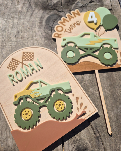 Monster Truck Birth Announcement - Wooden and Acrylic Personalised Name Sign