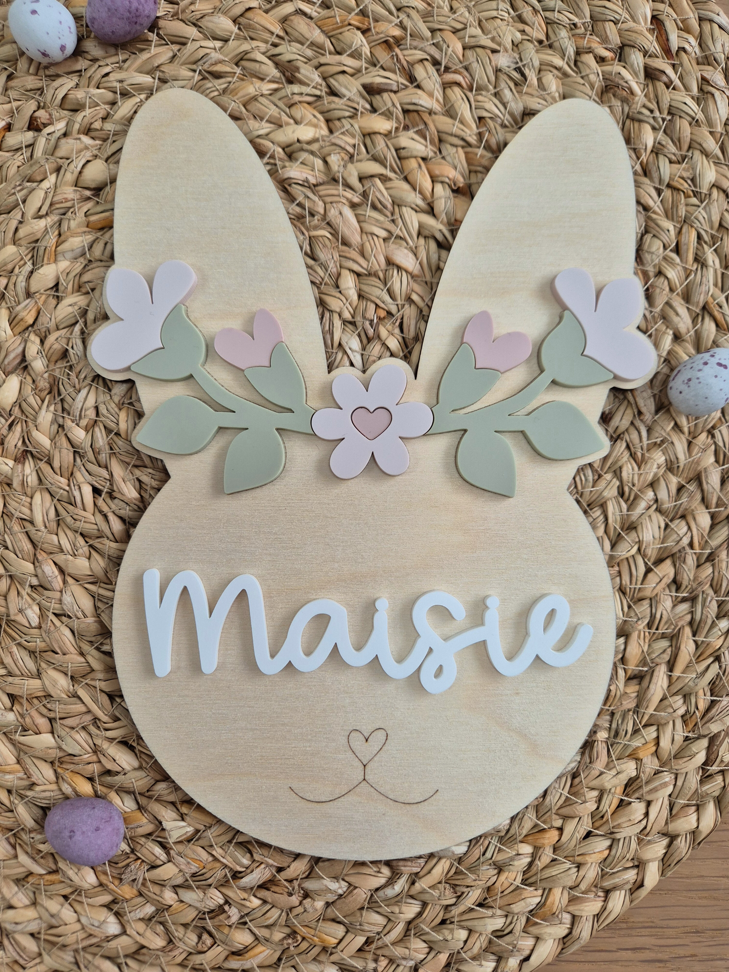 Flower Crown Bunny Large Name Sign - Wooden and Acrylic Wall Décor
