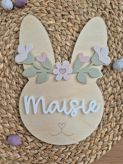 Flower Crown Bunny Large Name Sign - Wooden and Acrylic Wall Décor
