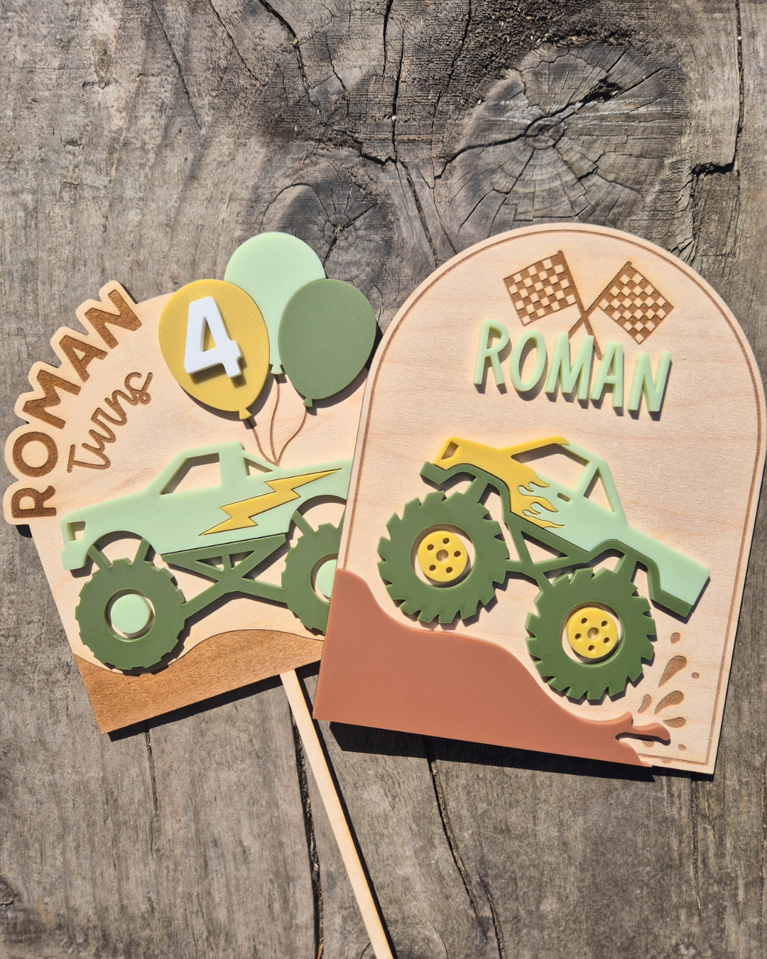 Monster Truck Birth Announcement - Wooden and Acrylic Personalised Name Sign