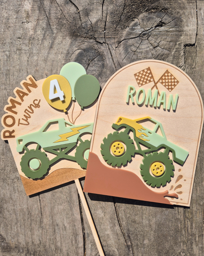 Monster Truck Birth Announcement - Wooden and Acrylic Personalised Name Sign