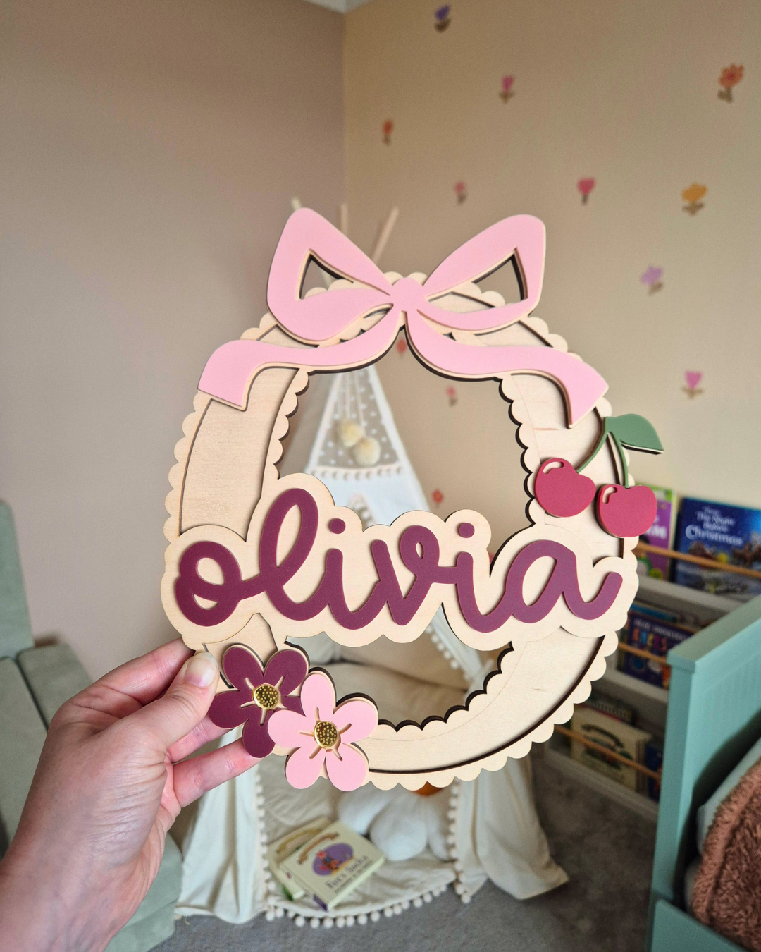 Coquette Bow, Cherry and Flower Scallop Monogram - Personalised Wooden and Acrylic Name Sign