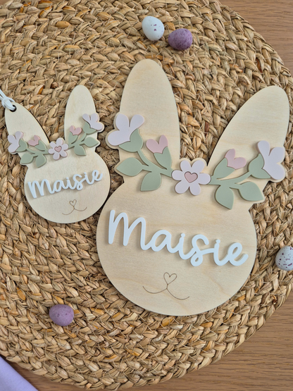 Flower Crown Bunny Large Name Sign - Wooden and Acrylic Wall Décor