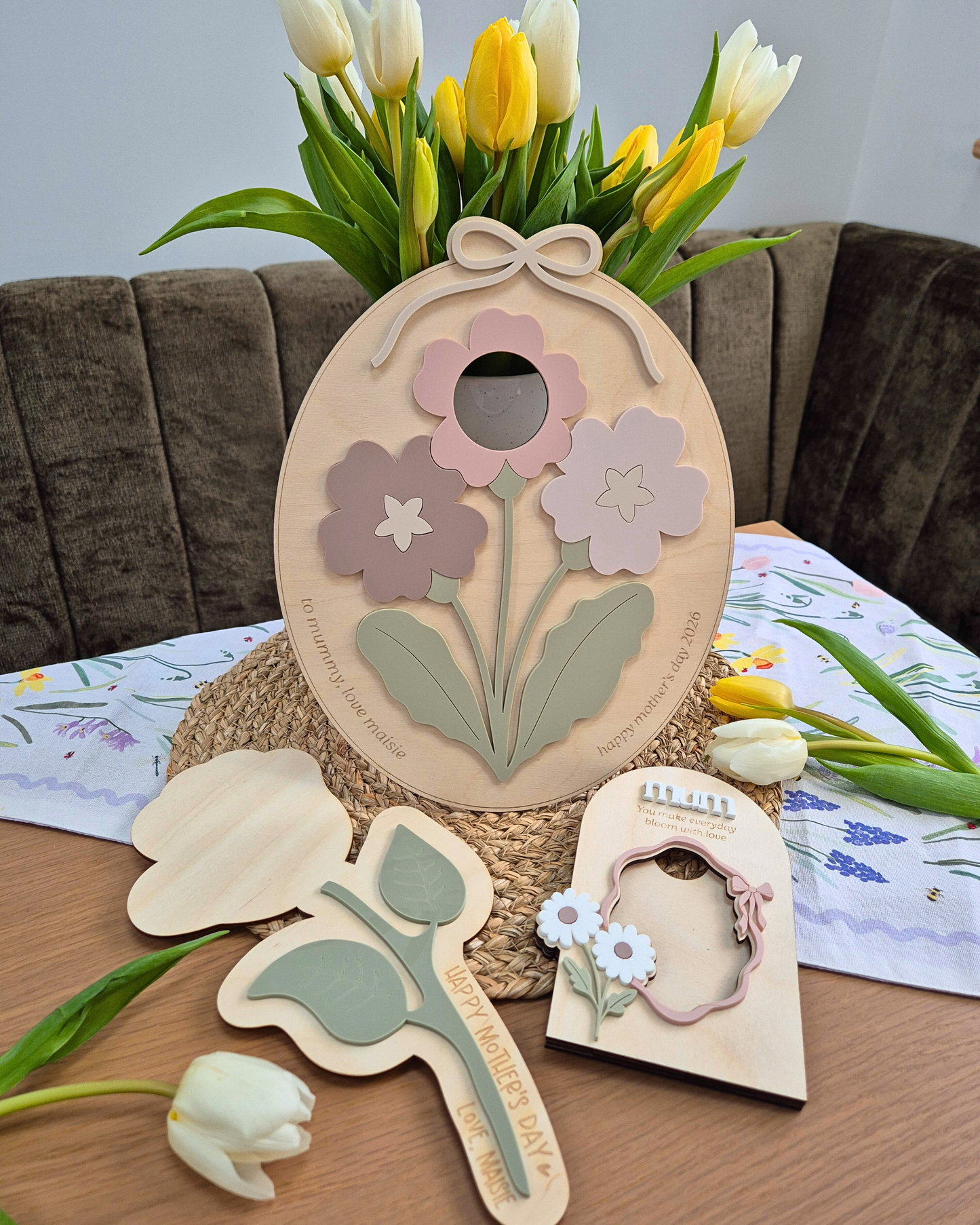 Mother's Day Photo Bouquet Plaque - Personalised Wooden and Acrylic Oval Floral Sign
