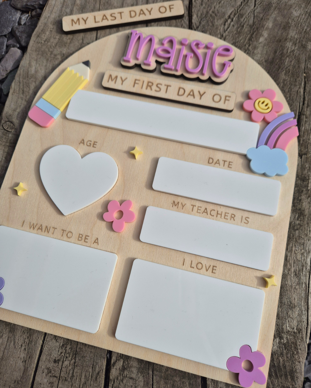 Personalised Pastel Rainbow Back to School Board - Reusable Wooden and Acrylic Sign