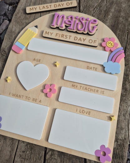 Personalised Pastel Rainbow Back to School Board - Reusable Wooden and Acrylic Sign