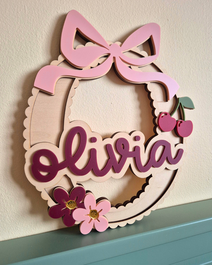 Coquette Bow, Cherry and Flower Scallop Monogram - Personalised Wooden and Acrylic Name Sign