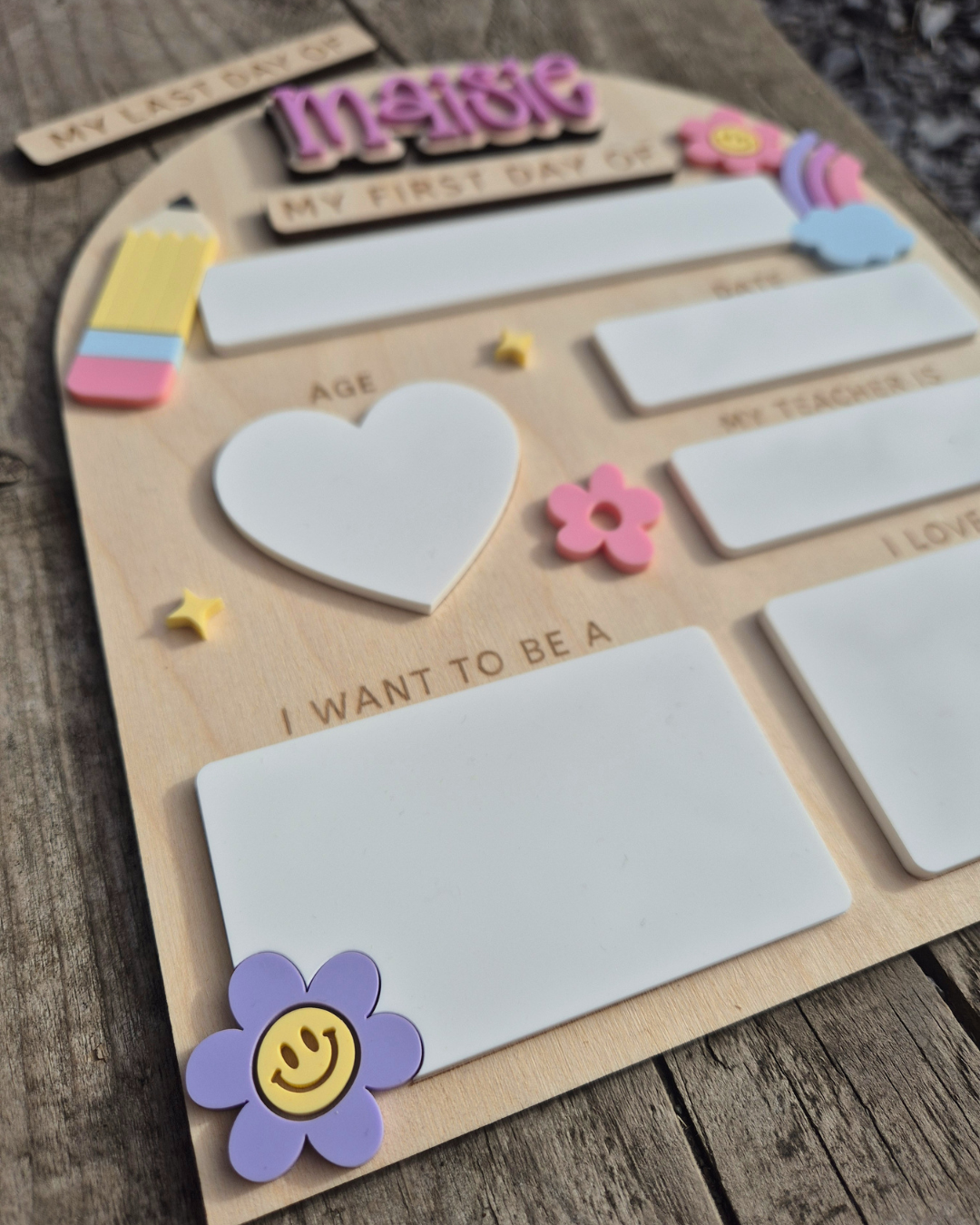 Personalised Pastel Rainbow Back to School Board - Reusable Wooden and Acrylic Sign