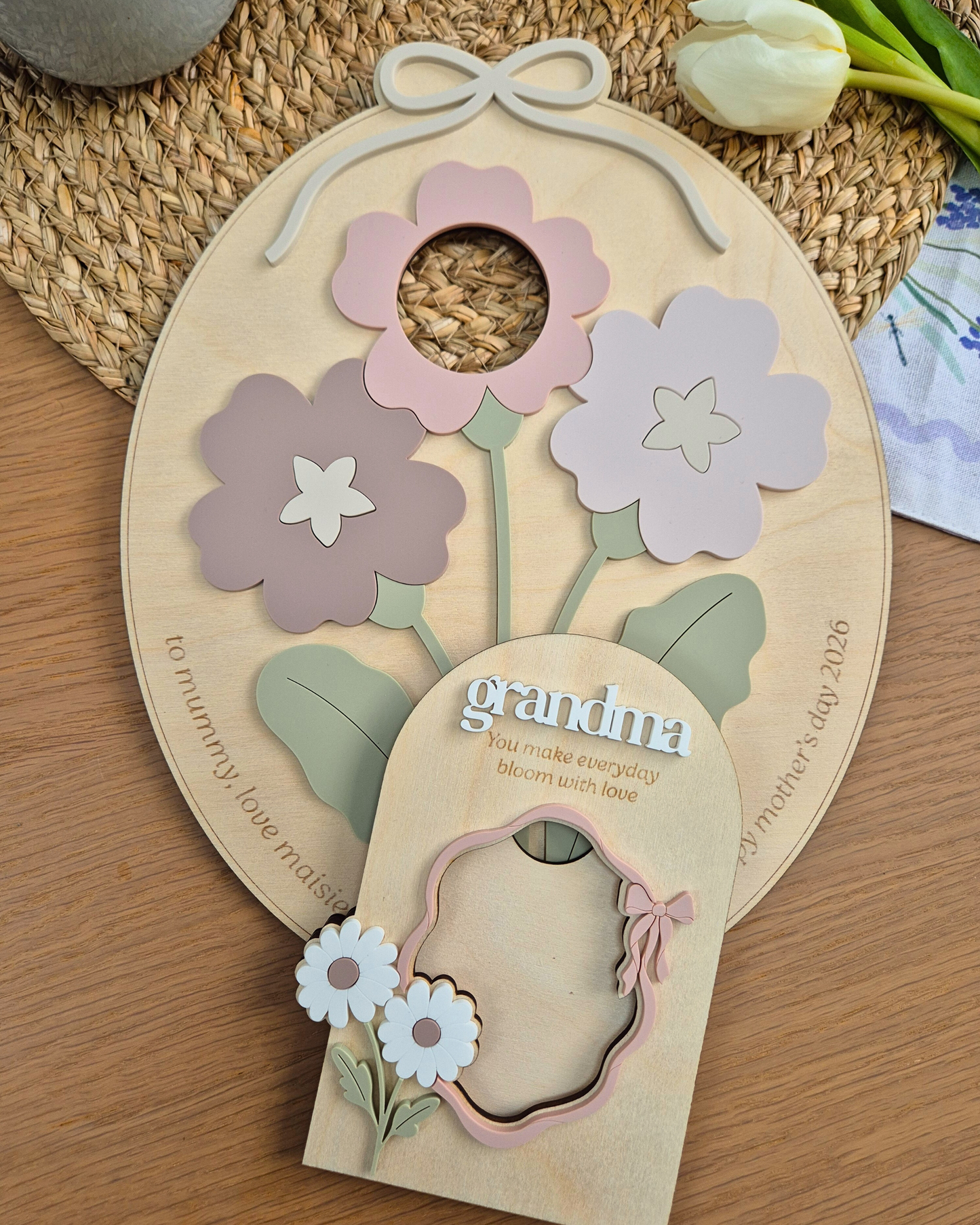 Mother's Day Photo Bouquet Plaque - Personalised Wooden and Acrylic Oval Floral Sign