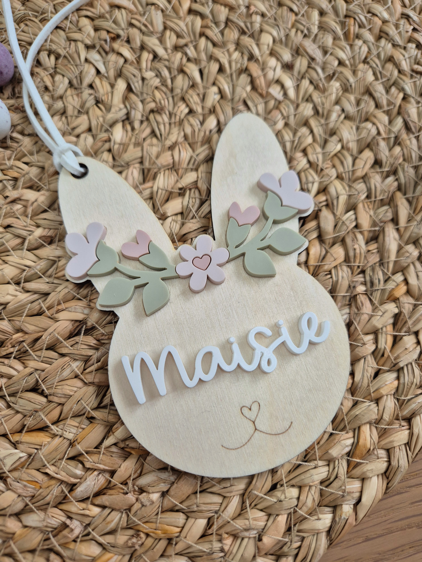 Flower Crown Easter Bunny Basket Name Tag - Personalised Wooden and Acrylic Keepsake
