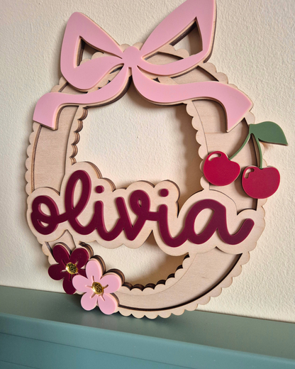 Coquette Bow, Cherry and Flower Scallop Monogram - Personalised Wooden and Acrylic Name Sign