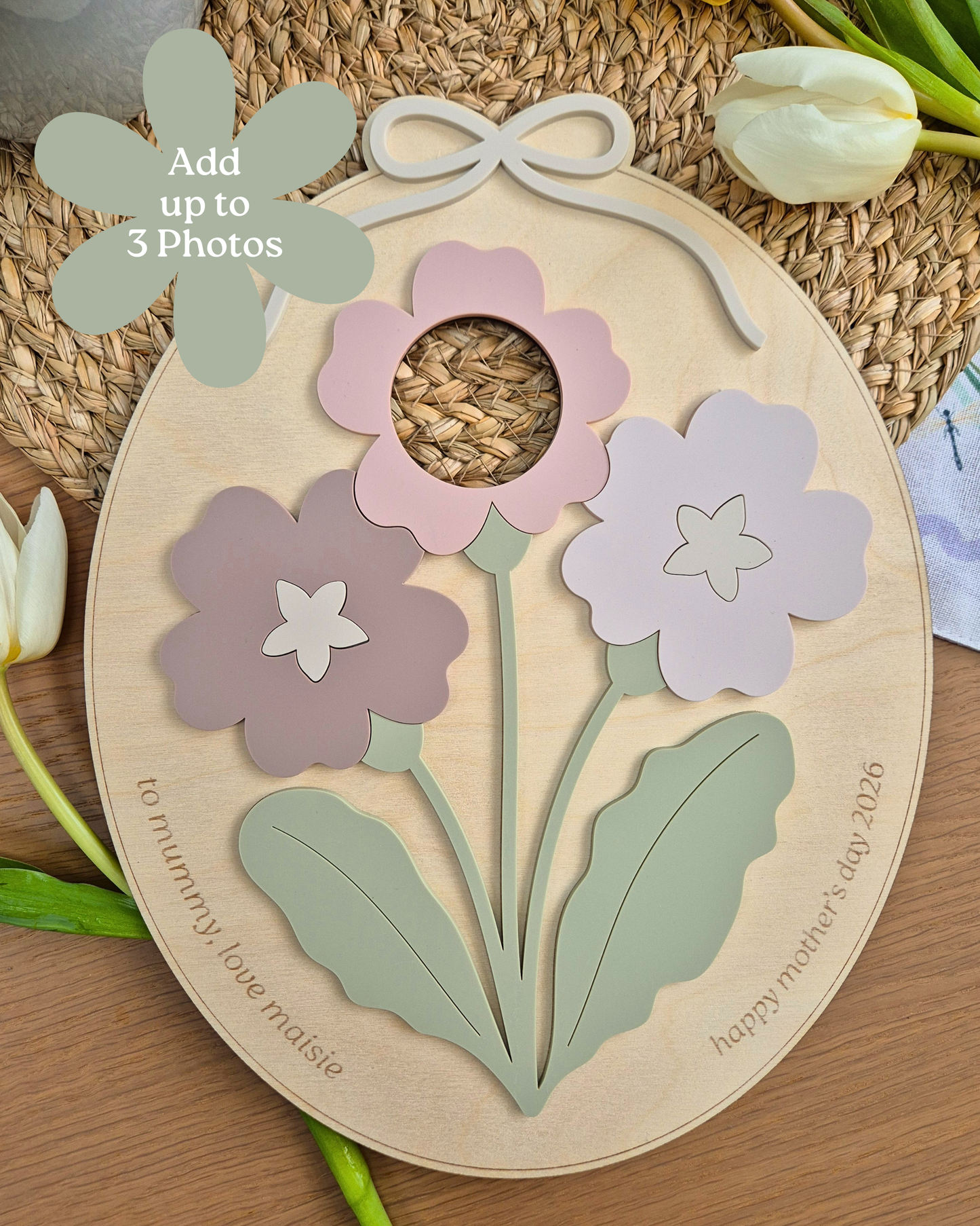 Mother's Day Photo Bouquet Plaque - Personalised Wooden and Acrylic Oval Floral Sign