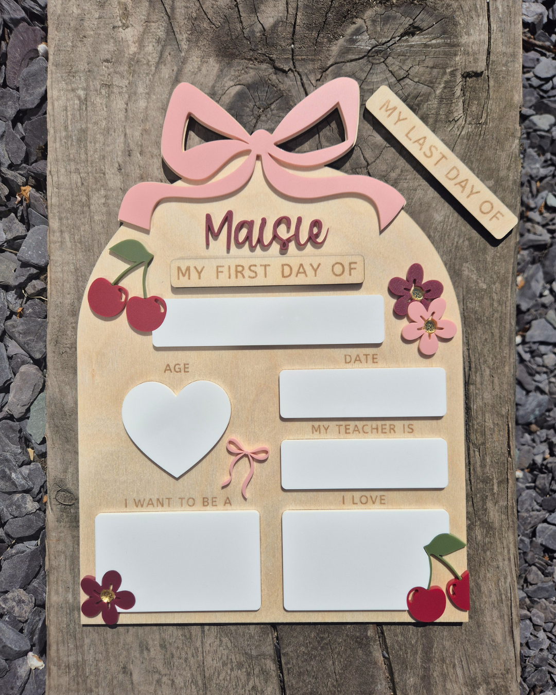 Personalised Coquette Bow and Cherries First and Last Day of School Board - Reusable Wooden and Acrylic Sign