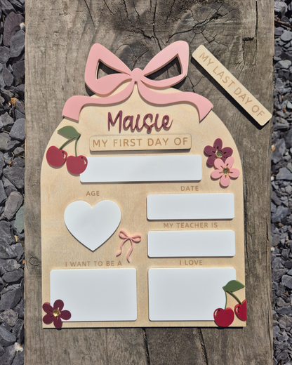 Personalised Coquette Bow and Cherries First and Last Day of School Board - Reusable Wooden and Acrylic Sign