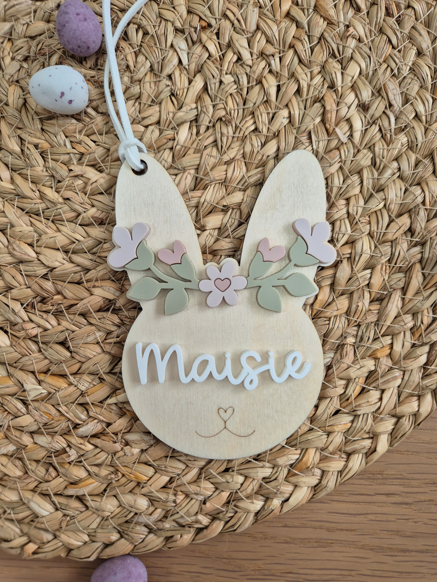 Flower Crown Easter Bunny Basket Name Tag - Personalised Wooden and Acrylic Keepsake