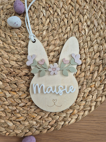 Flower Crown Easter Bunny Basket Name Tag - Personalised Wooden and Acrylic Keepsake