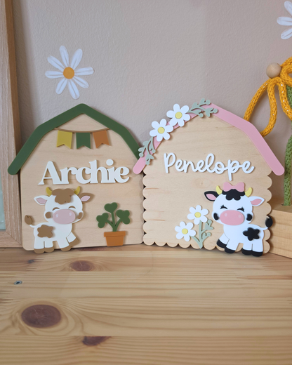 Personalised Cow Barn Name Sign - Farm-themed Nursery and Playroom Shelf Sitter and Door Sign