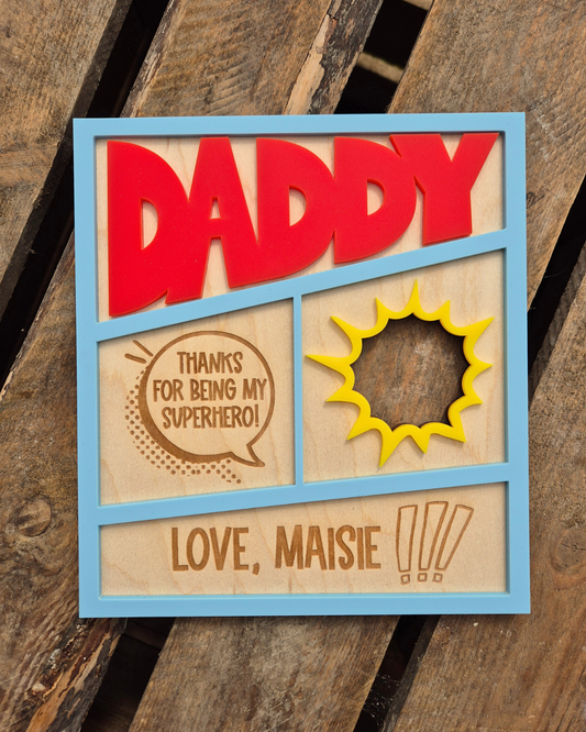 Superhero Comic Theme Photo Frame Card - Wooden and Acrylic Personalised Father's Day Gift